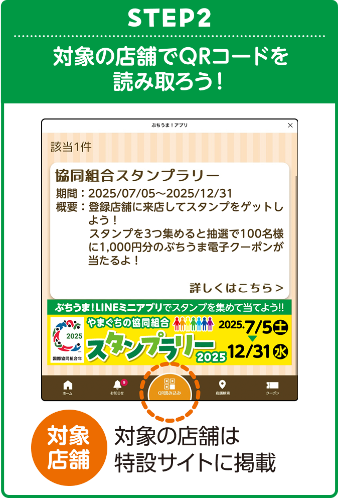 STEP2・対象の店舗でQRコードを読み取ろう！対象店舗・対象の店舗は特設サイトに掲載